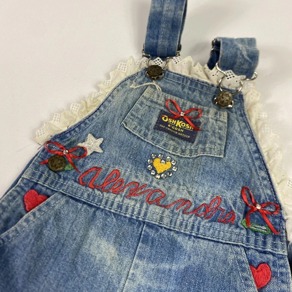 Vintage OshKosh Bgosh Overalls Girls 18‎ Months Denim Vestbak Hearts Lace 90s